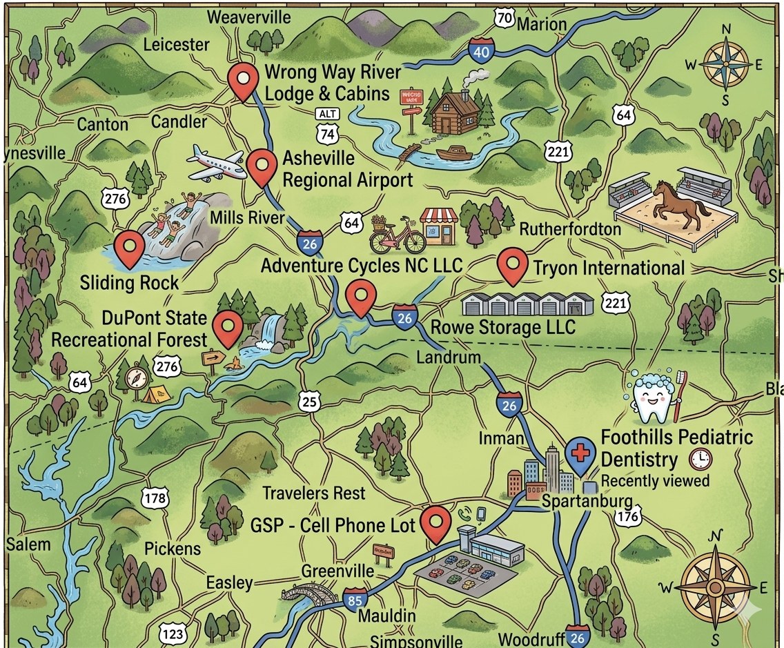 Cartoon-style map of Western North Carolina showing Traveling Turismos locations: Wrong Way River Lodge, Asheville Regional Airport, Sliding Rock, DuPont State Recreational Forest, Adventure Cycles, Tryon International Equestrian Center, Rowe Storage, and GSP airport cell phone lot.
